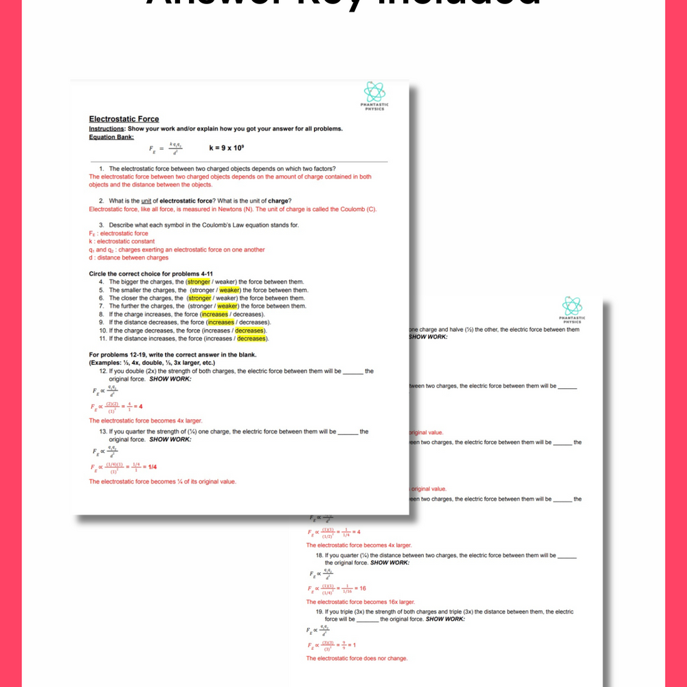 High School Physics: Electrostatic Force Assignment - Grades 9-12, NGSS Aligned