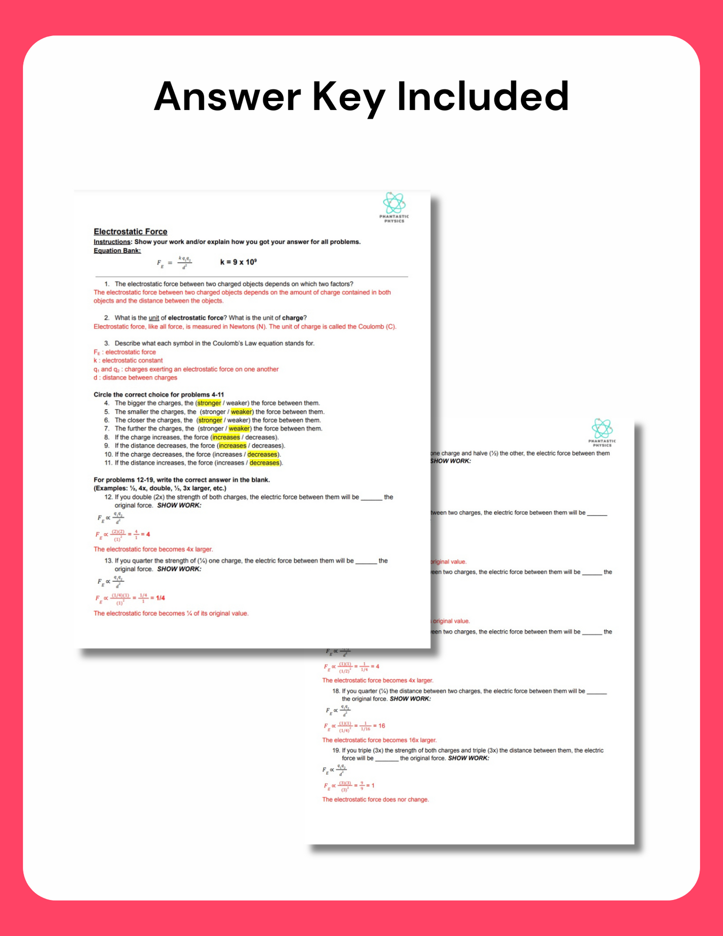 High School Physics: Electrostatic Force Assignment - Grades 9-12, NGSS Aligned