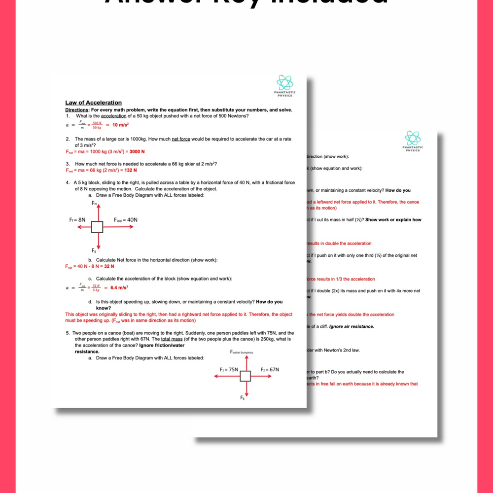 High School Physics: Newton's 2nd Law of Acceleration Assignment (Grades 9-12)