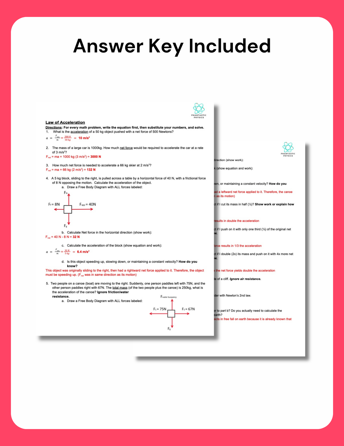 High School Physics: Newton's 2nd Law of Acceleration Assignment (Grades 9-12)