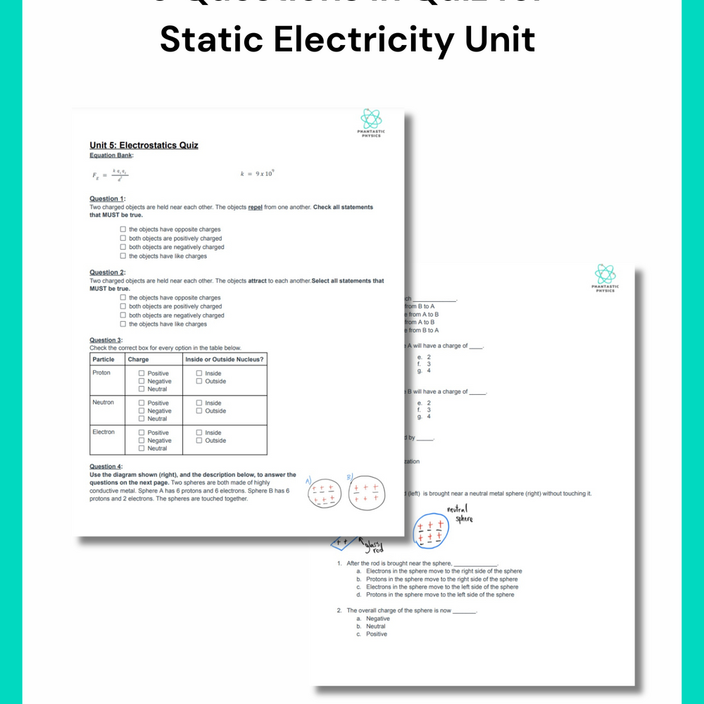 High School Physics: Electrostatics Quiz - Grades 9-12, NGSS Aligned