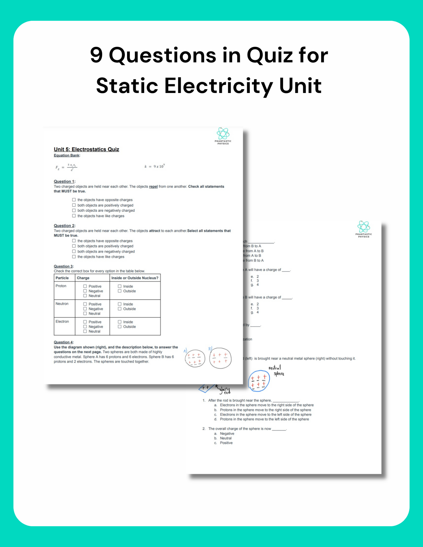 High School Physics: Electrostatics Quiz - Grades 9-12, NGSS Aligned