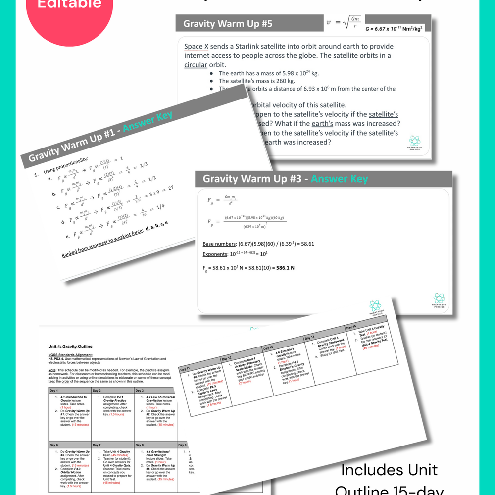 High School Physics: 8 Warm-Ups for Gravity Unit (Grades 9-12, NGSS Aligned)