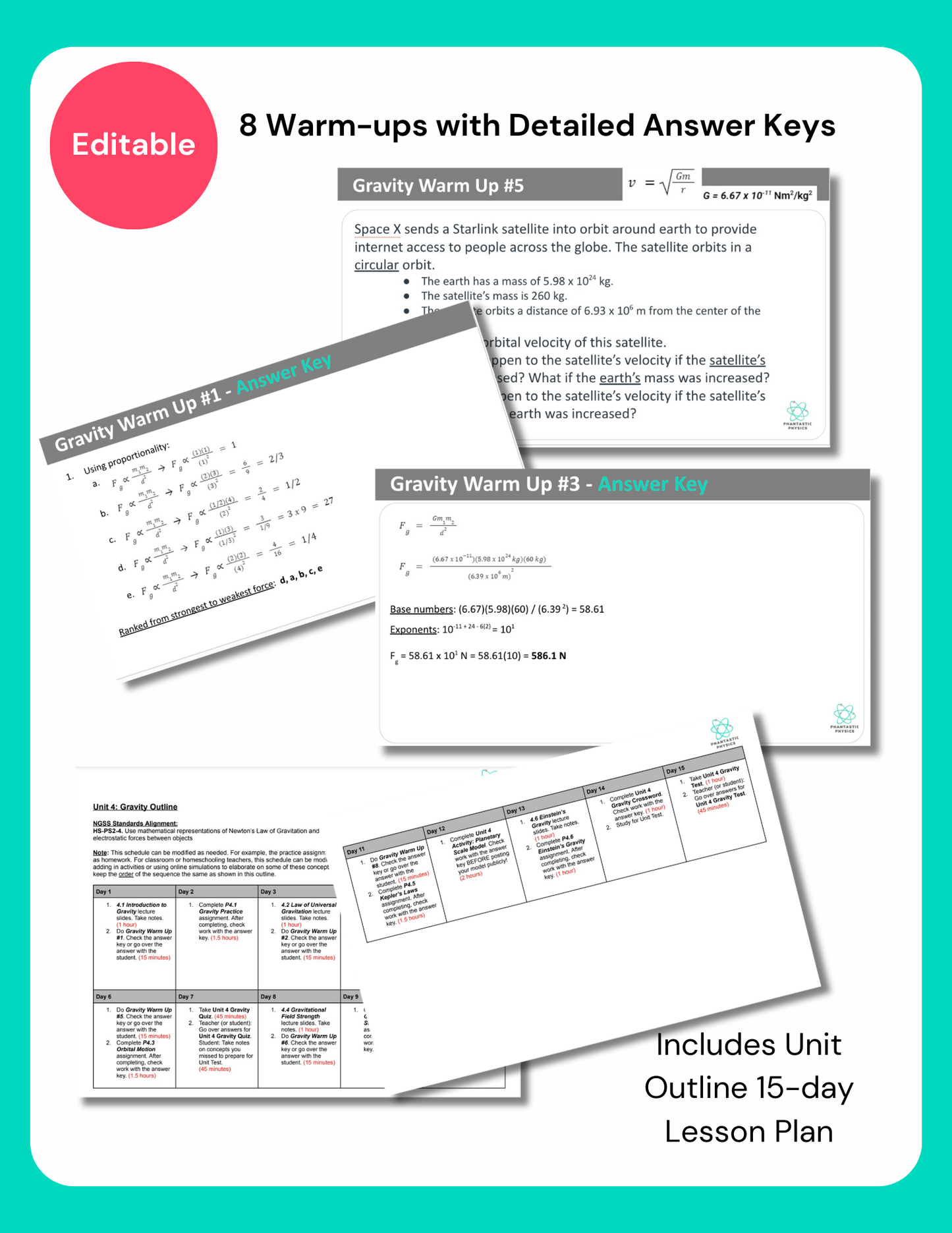 High School Physics: 8 Warm-Ups for Gravity Unit (Grades 9-12, NGSS Aligned)