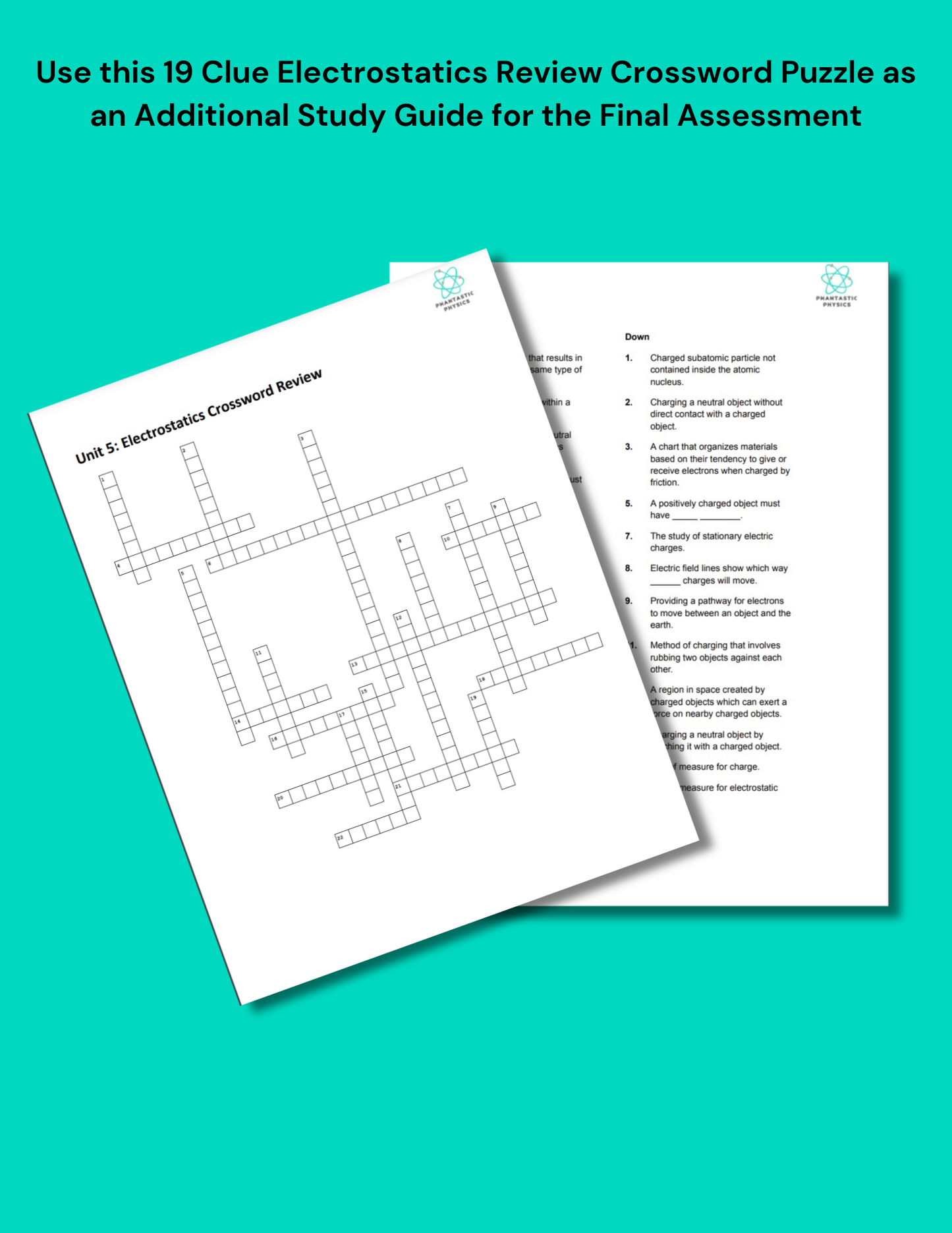 High School Physics: Electrostatics Crossword Puzzle Review - Grades 9-12, NGSS