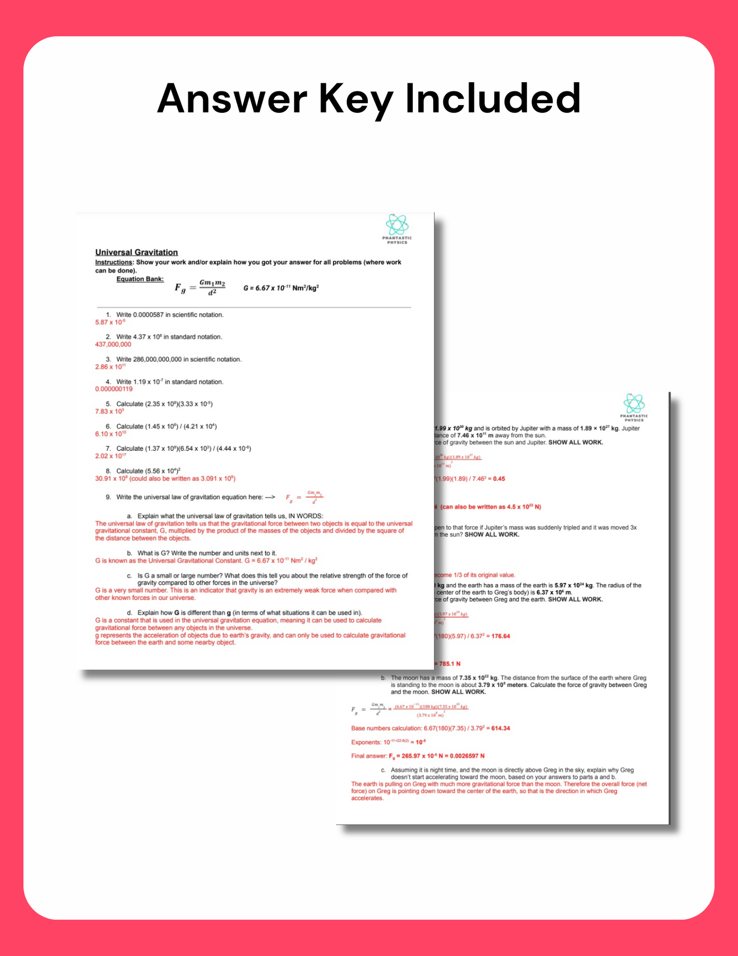 High School Physics: Universal Gravitation Assignment-Grades 9-12, NGSS Aligned