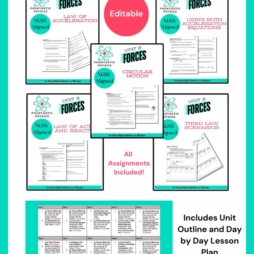 High School Physics Forces: Complete Assignment Bundle NGSS Aligned, Grades 9-12