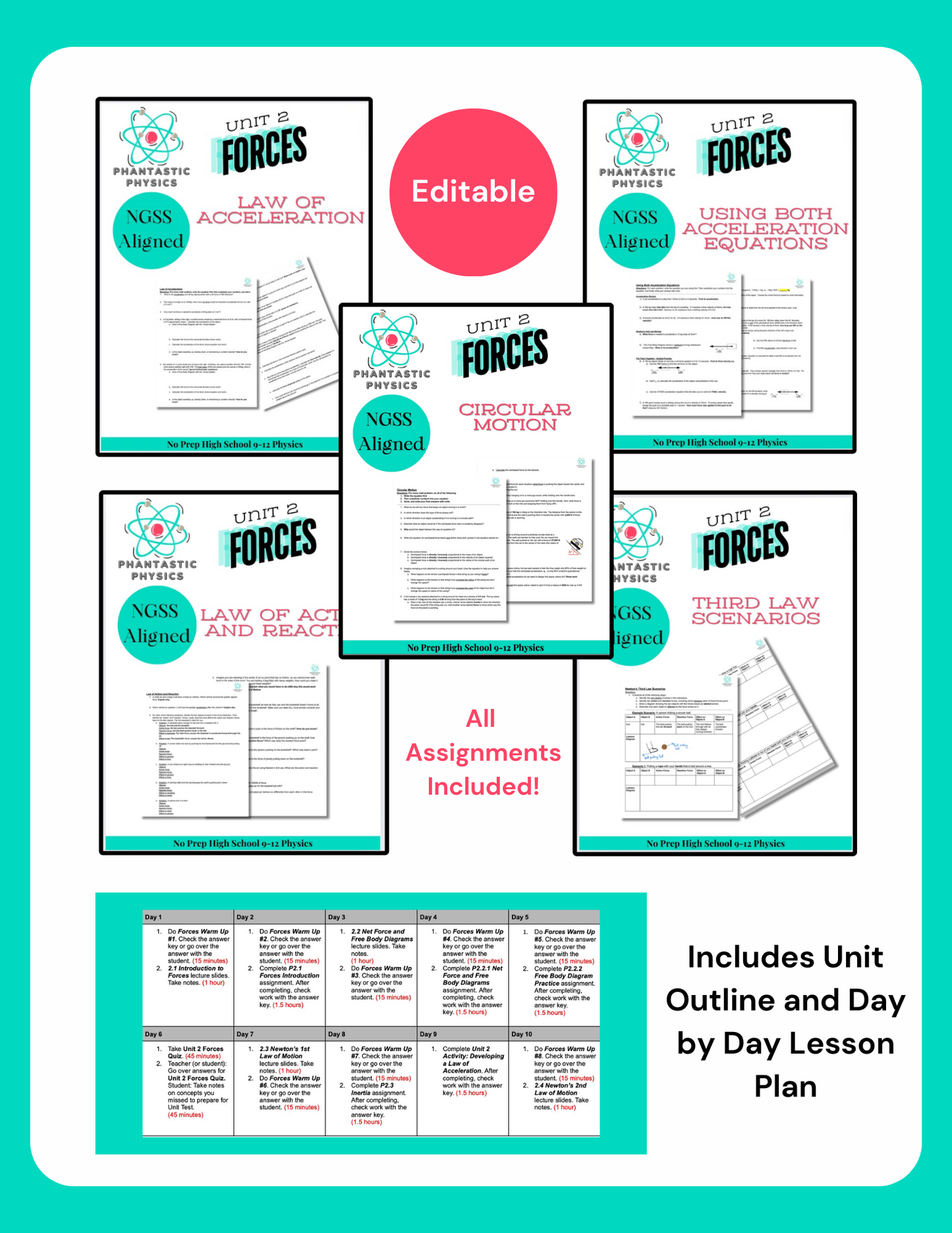 High School Physics Forces: Complete Assignment Bundle NGSS Aligned, Grades 9-12