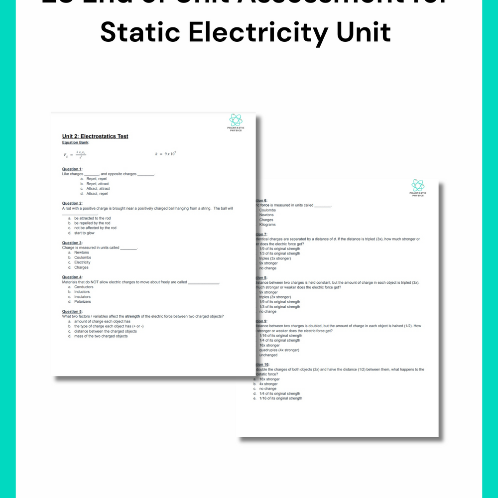 High School Physics: Electrostatics Unit Test - Grades 9-12, NGSS Aligned