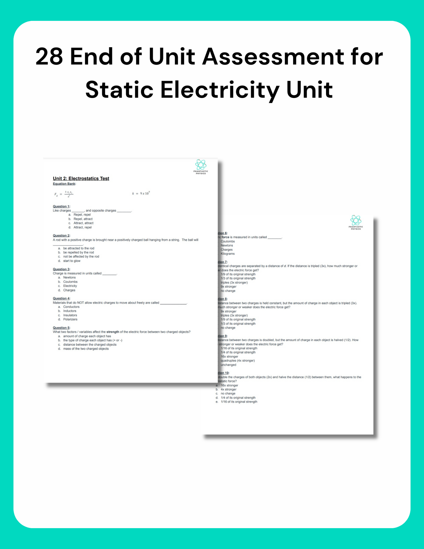 High School Physics: Electrostatics Unit Test - Grades 9-12, NGSS Aligned