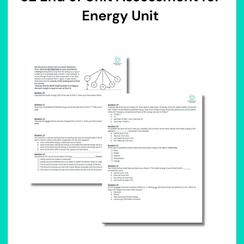 High School Physics: Energy Unit Test - Grades 9-12, NGSS Aligned