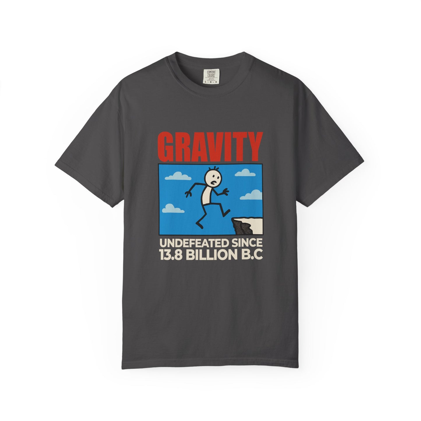 Gravity Undefeated funny stick figure physics t-shirt
