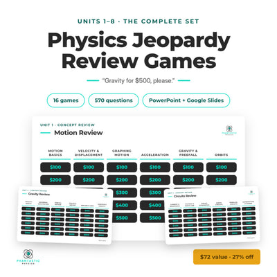 Physics Jeopardy Review Games bundle cover — 16 games, 570 questions, PowerPoint and Google Slides, Units 1-8