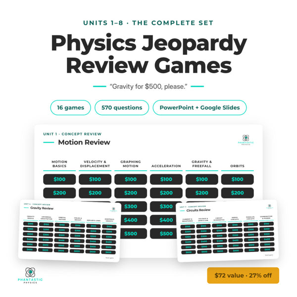 Physics Jeopardy Review Games bundle cover — 16 games, 570 questions, PowerPoint and Google Slides, Units 1-8