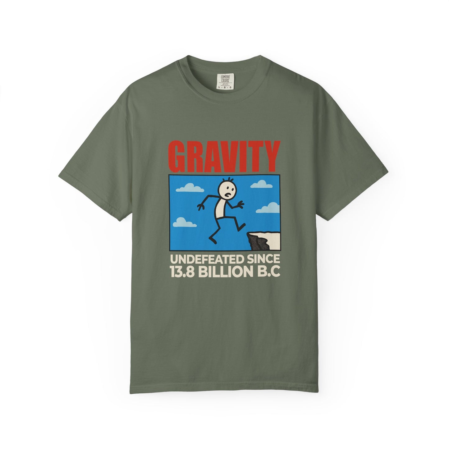 Gravity Undefeated funny stick figure physics t-shirt