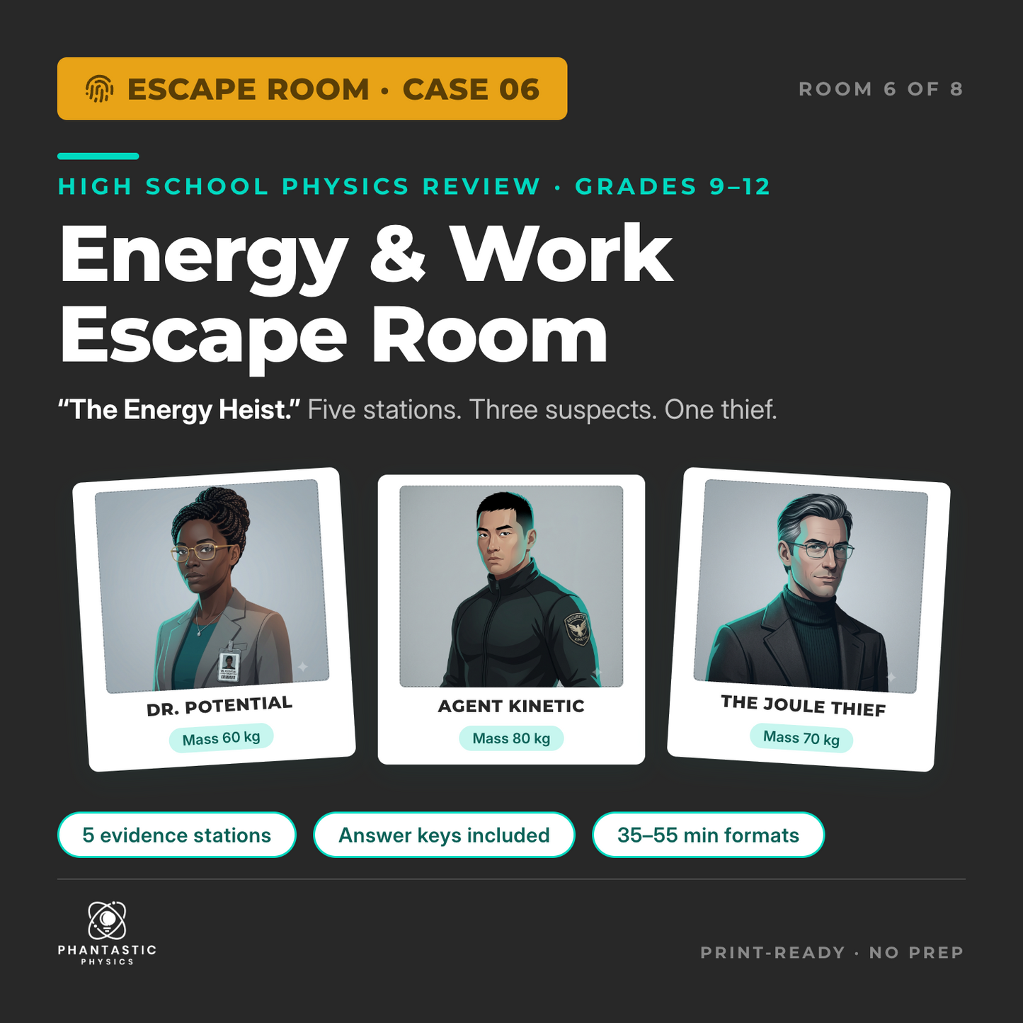 Energy escape room for high school physics - work and power review activity, grades 9-12