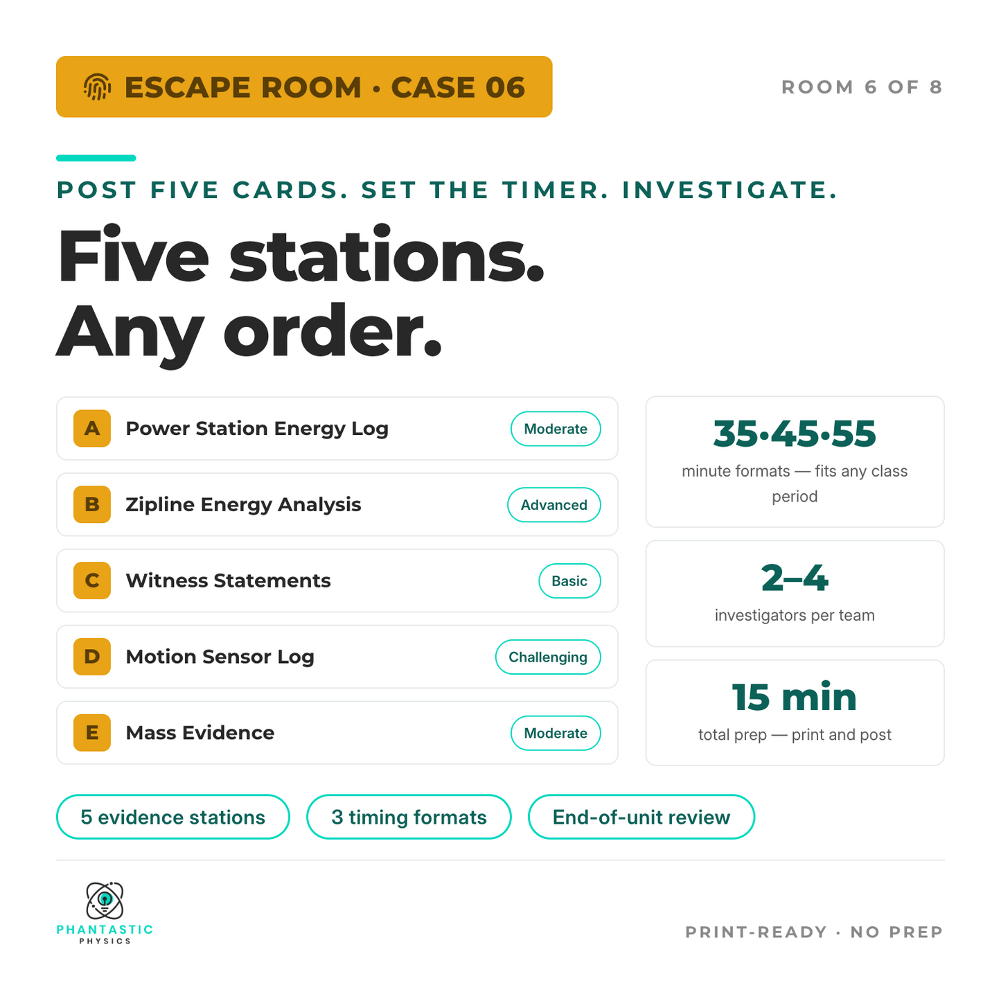 Five evidence stations covering work, power, kinetic and potential energy