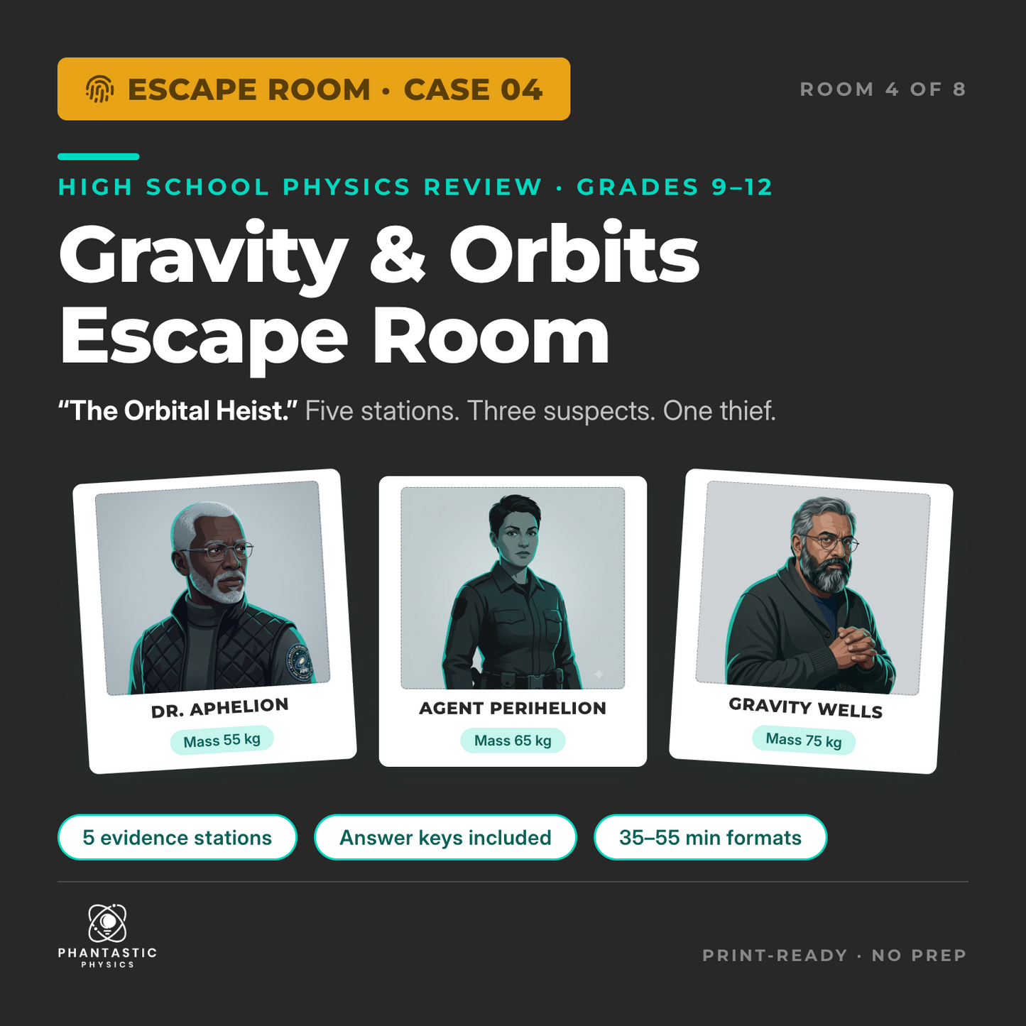 Gravity escape room for high school physics - orbits review activity, grades 9-12
