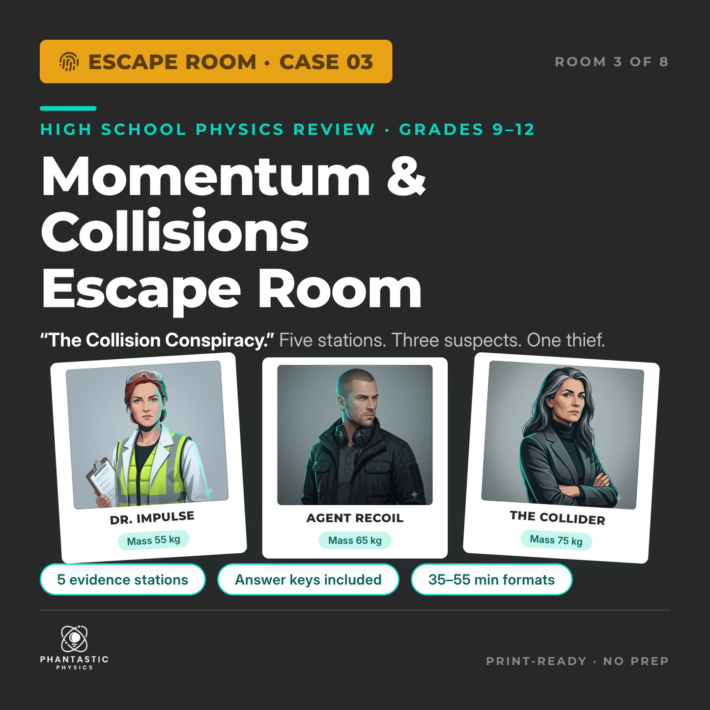 Momentum escape room for high school physics - collisions review activity, grades 9-12