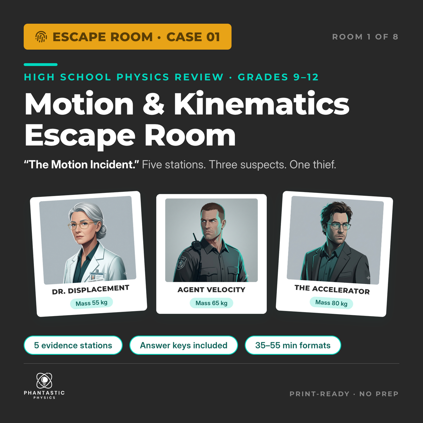 Motion escape room for high school physics - kinematics review activity, grades 9-12