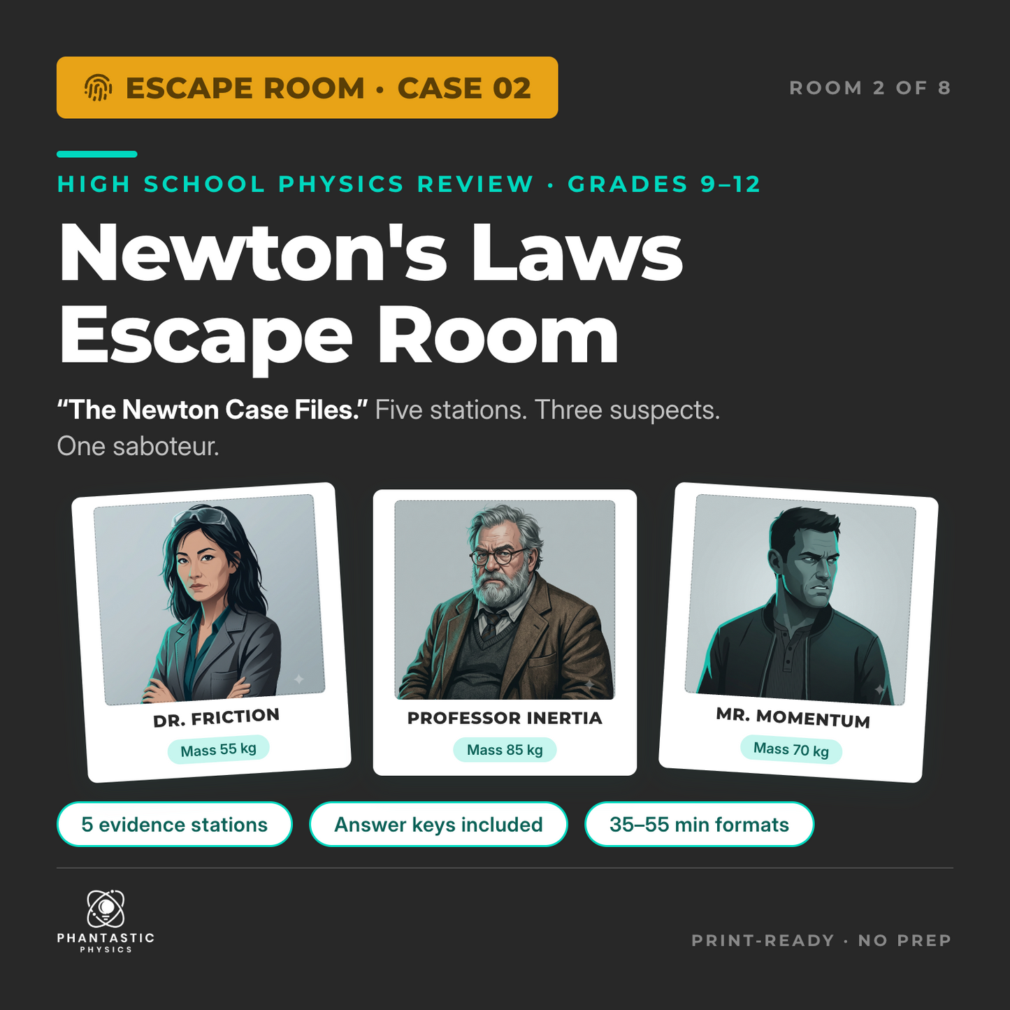 Newton's Laws escape room for high school physics - forces review activity, grades 9-12