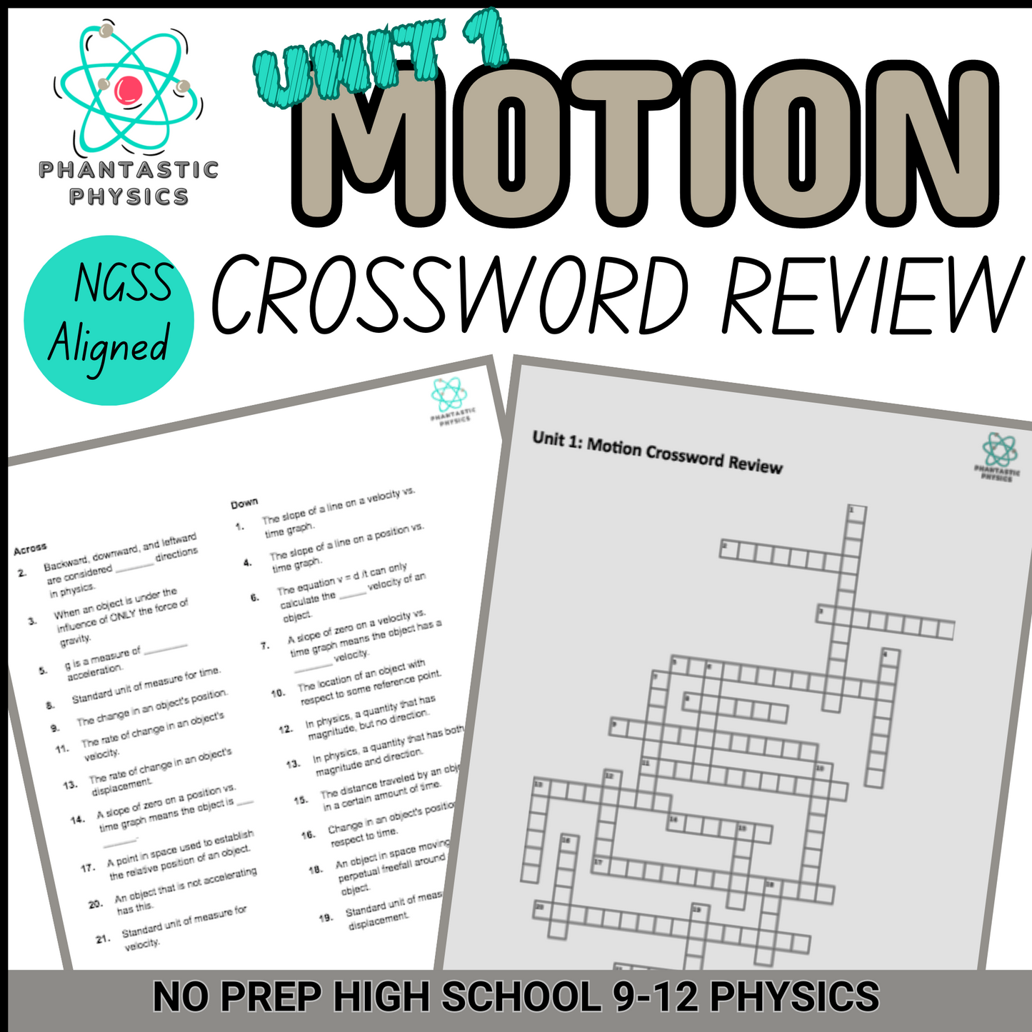 High School Physics: Motion Unit Review Test - Crossword Puzzle-Grades 9-12-NGSS