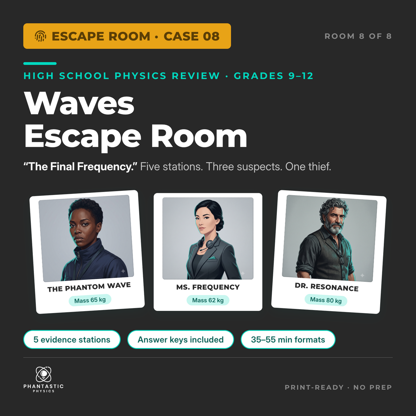 Waves escape room for high school physics - sound and light review activity, grades 9-12