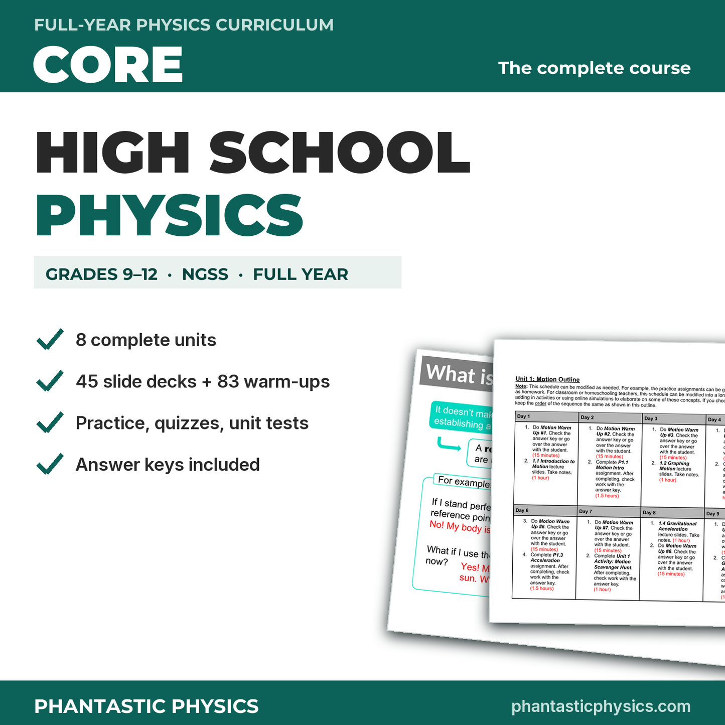 High School Physics Curriculum CORE Bundle cover - full year, grades 9-12, NGSS, with real curriculum pages