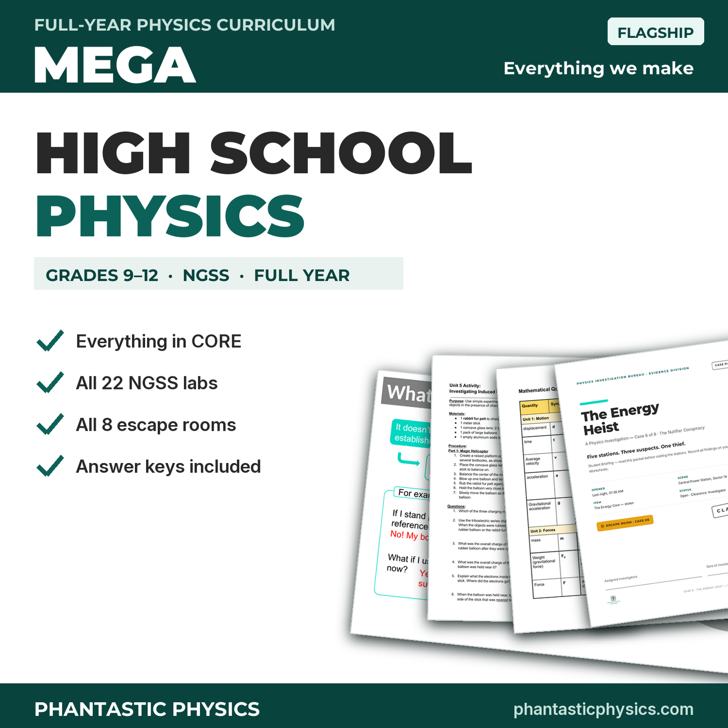 High School Physics Curriculum MEGA Bundle cover - full year plus 22 labs and 8 escape rooms, grades 9-12, NGSS