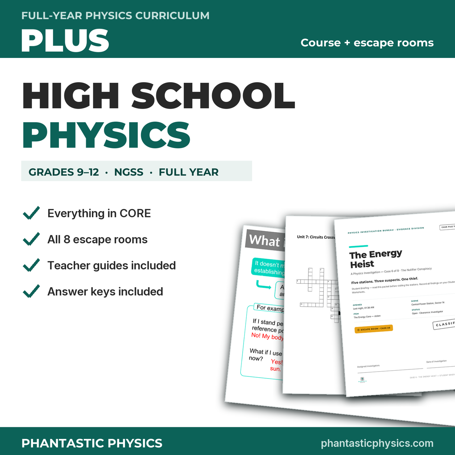 High School Physics Curriculum PLUS Bundle cover - full year plus 8 escape rooms, grades 9-12, NGSS
