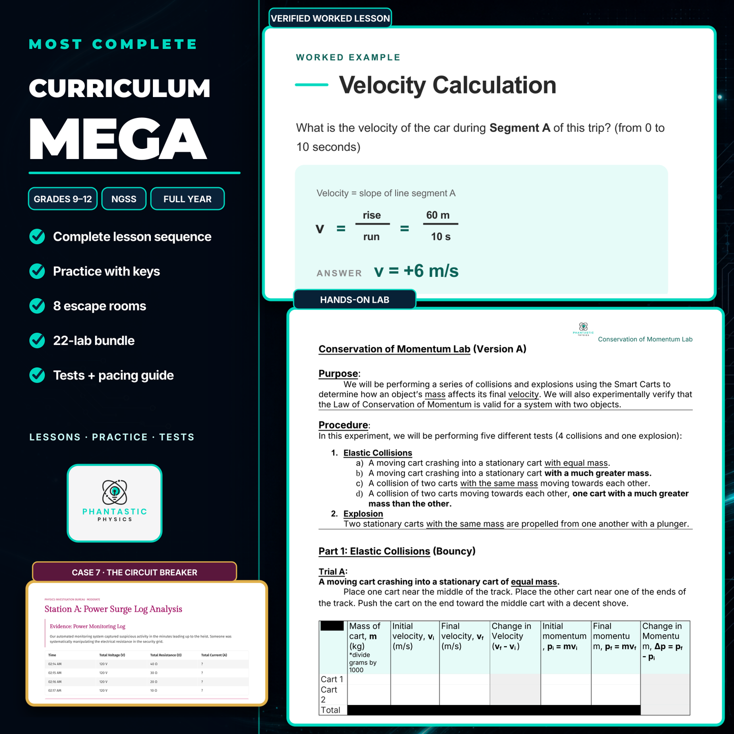 High school physics MEGA curriculum with eight escape rooms and the separate 22-lab collection; authentic lesson, lab, and investigation samples.