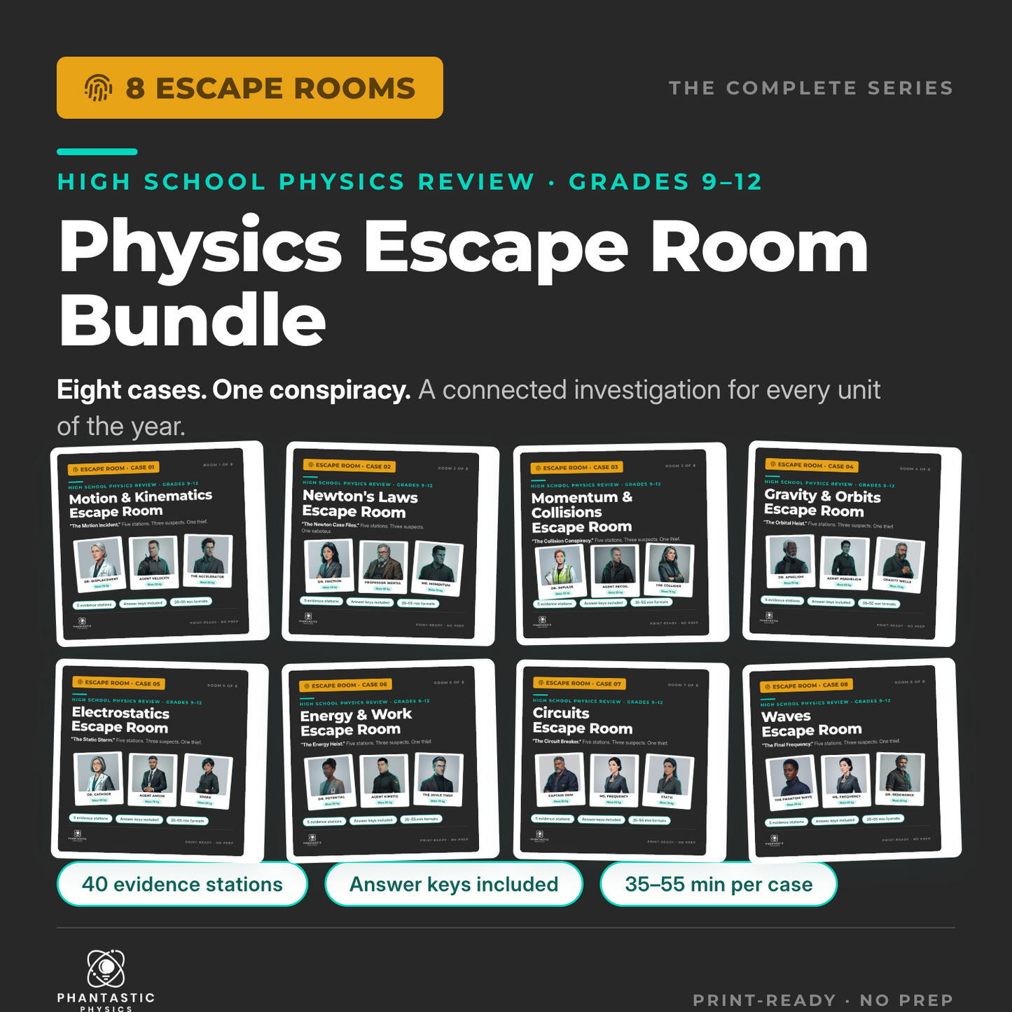 Physics Escape Room Bundle - 8 escape rooms for high school physics review, grades 9-12