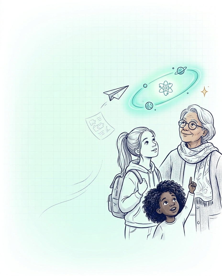 A child, a teen, and an older mentor looking up in wonder at a glowing orbit of planets — physics adventures for curious minds of all ages